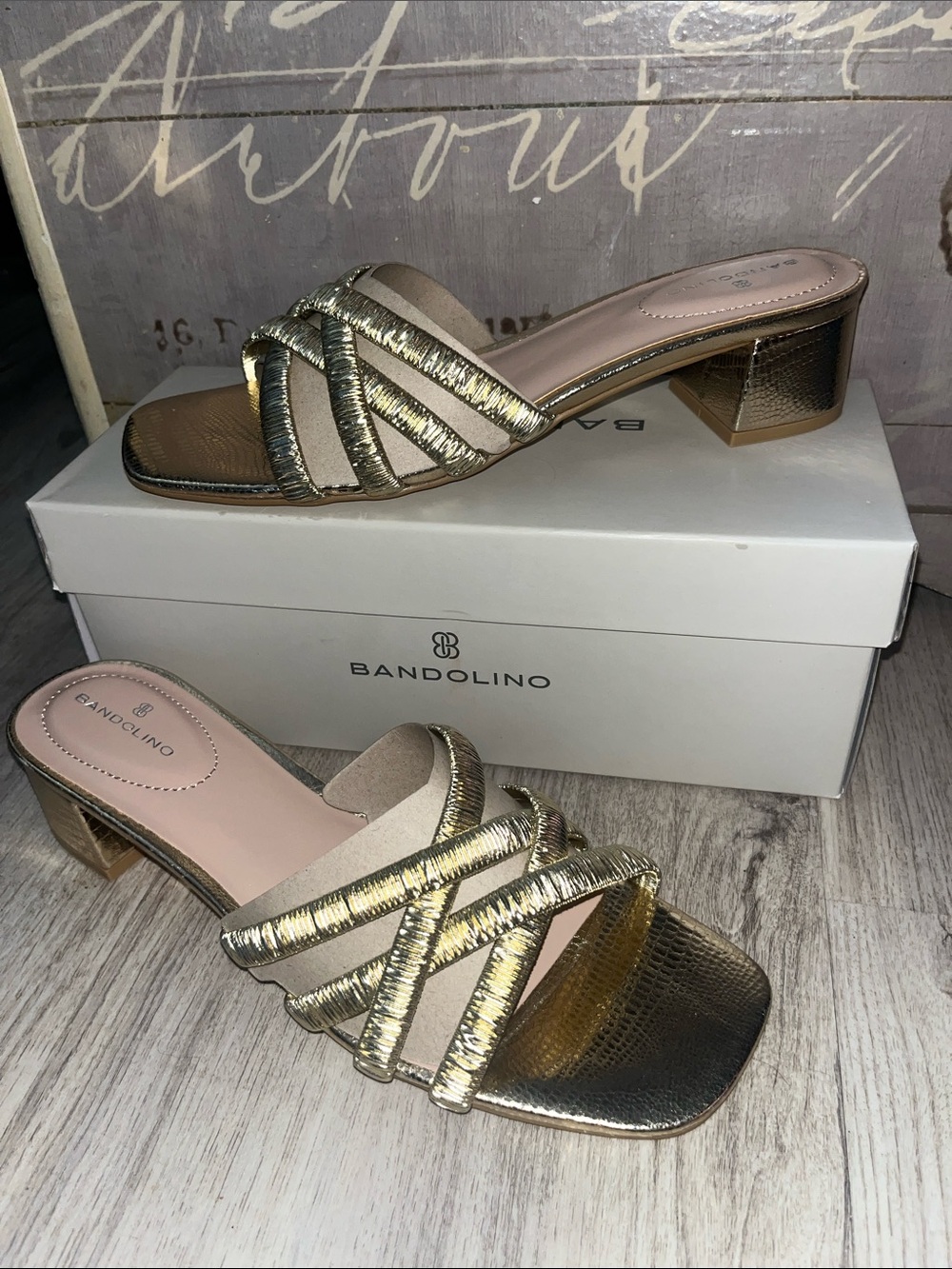 Bandolino Gold Metallic Braided Strap Low Block Heel Mules